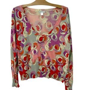 Garnet Hill | Sweater Floral Long Sleeve Pink Purple Cotton V Neck- Size Large